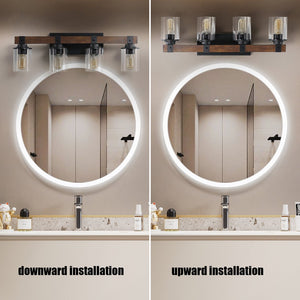 English Elm (Same) 27" Rustic 4-Light Vanity Light - Industrial Bathroom Sconce With Wood Accents & Glass Shades W1340P206656