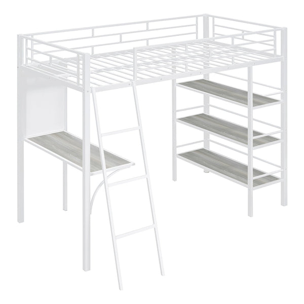 English Elm Twin Loft Metal Bed with Desk, 3-Tier Shelves & Whiteboard — Space-Saving Study Station, White MF308681AAK