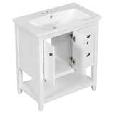 English Elm 30" Bathroom Vanity With Ceramic Sink Top, Vanity Cabinet With Multi-Functional Drawer, Solid Wood Legs, White