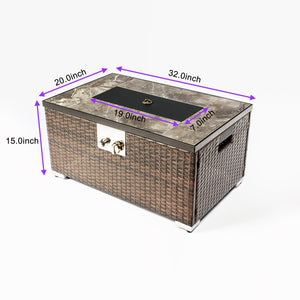 English Elm 32" Propane Fire Pit Table 50000 BTU Rectangular Ceramic Tile Top Wicker Base Pulse Ignition Outdoor W85335465