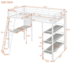 English Elm Twin Loft Metal Bed with Desk, 3-Tier Shelves & Whiteboard — Space-Saving Study Station, White MF308681AAK