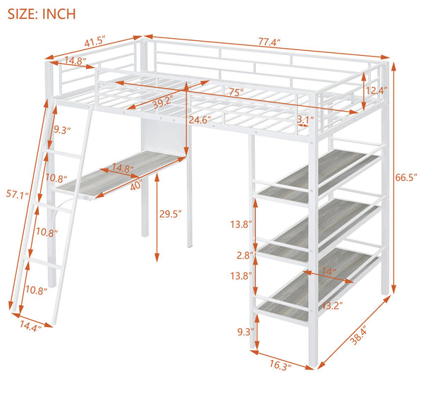 English Elm Twin Loft Metal Bed with Desk, 3-Tier Shelves & Whiteboard — Space-Saving Study Station, White MF308681AAK