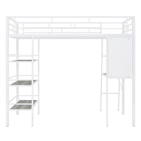 English Elm Twin Loft Metal Bed with Desk, 3-Tier Shelves & Whiteboard — Space-Saving Twin Bunk Study Station MF308682AAK