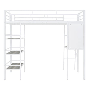 English Elm Twin Loft Metal Bed with Built-In Desk, 3 Open Shelves & Whiteboard, Sturdy Slatted Guardrails, Space-Saving Design White SF000022AAK