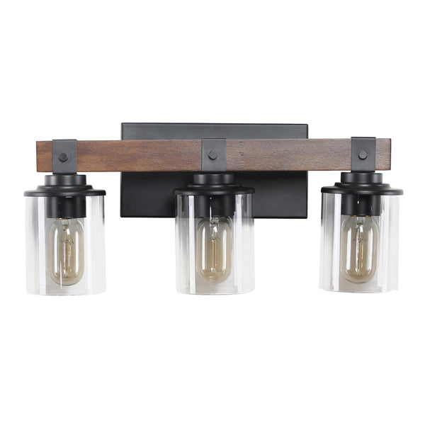 English Elm (Same As W1340119955/L1015) 19" Rustic 3-Light Vanity Light – Farmhouse Wall Sconce With Wood Accents & Glass Shades W1340P206654