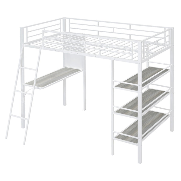 English Elm Twin Loft Metal Bed with Desk, 3-Tier Shelves & Whiteboard — Space-Saving Study Station, White MF308681AAK