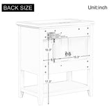 English Elm 30" Bathroom Vanity With Ceramic Sink Top, Vanity Cabinet With Multi-Functional Drawer, Solid Wood Legs, White