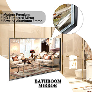 English Elm 40x30inch Beveled Edge Black Rectangle Mirror with Ruler for Easy Mounting, Rustproof Aluminum Frame HD Reflection W2091125788