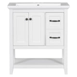 English Elm 30" Bathroom Vanity With Ceramic Sink Top, Vanity Cabinet With Multi-Functional Drawer, Solid Wood Legs, White