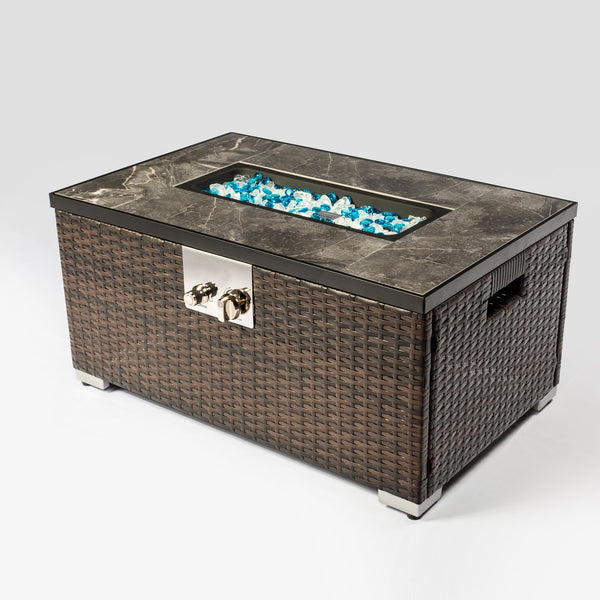 English Elm 32" Propane Fire Pit Table 50000 BTU Rectangular Ceramic Tile Top Wicker Base Pulse Ignition Outdoor W85335465
