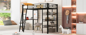 English Elm Twin Loft Metal Bed with Built-In Desk, 3 Open Shelves & Whiteboard, Sturdy Slatted Guardrails, Space-Saving Design Black SF000022AAB