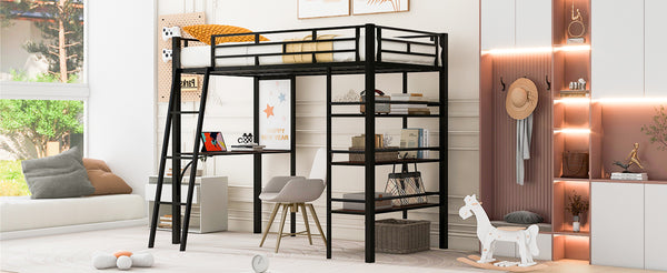 English Elm Twin Loft Metal Bed with Built-In Desk, 3 Open Shelves & Whiteboard, Sturdy Slatted Guardrails, Space-Saving Design Black SF000022AAB