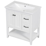 English Elm 30" Bathroom Vanity With Ceramic Sink Top, Vanity Cabinet With Multi-Functional Drawer, Solid Wood Legs, White