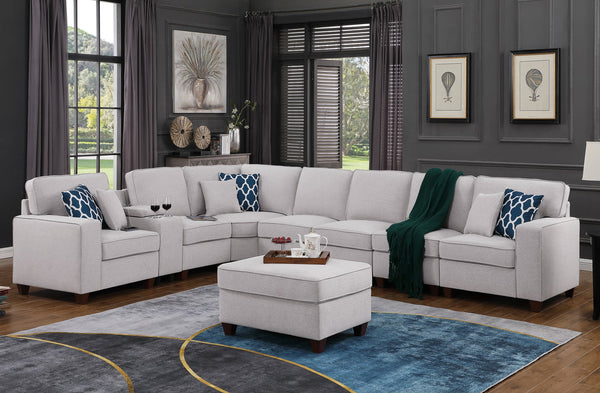 English Elm Eric Light Gray 9-Piece Upholstered Sectional with Ottoman, Linen, USB Cupholder Console, Removable Cushions B102P410607