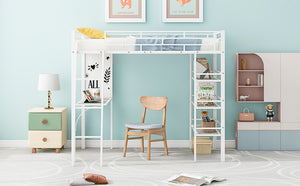 English Elm Twin Loft Metal Bed with Built-In Desk, 3 Open Shelves & Whiteboard, Sturdy Slatted Guardrails, Space-Saving Design White SF000022AAK