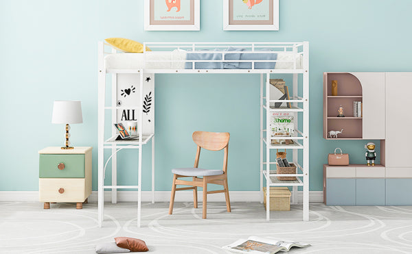 English Elm Twin Loft Metal Bed with Built-In Desk, 3 Open Shelves & Whiteboard, Sturdy Slatted Guardrails, Space-Saving Design White SF000022AAK