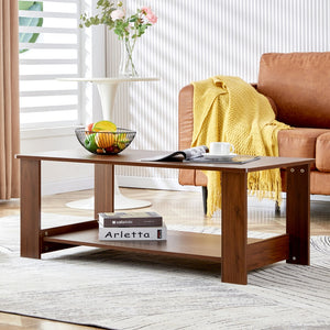 English Elm Modern and Practical Walnut Textured Coffee Tables , Tea Tables. The Double Layered Coffee Table Is Made Of Mdf Material. Suitable For Living Room 43.3"*21.6"*16.5" Ct-16