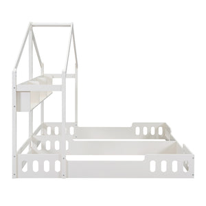 English Elm Wood Twin House Platform Beds with Twin Side-by-Side Design, Guardrails & Built-In Shelves, Creamy White WF310564AAA