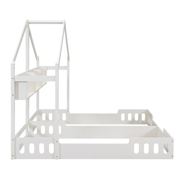 English Elm Wood Twin House Platform Beds with Twin Side-by-Side Design, Guardrails & Built-In Shelves, Creamy White WF310564AAA