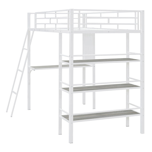 English Elm Twin Loft Metal Bed with Desk, 3-Tier Shelves & Whiteboard — Space-Saving Study Station, White MF308681AAK