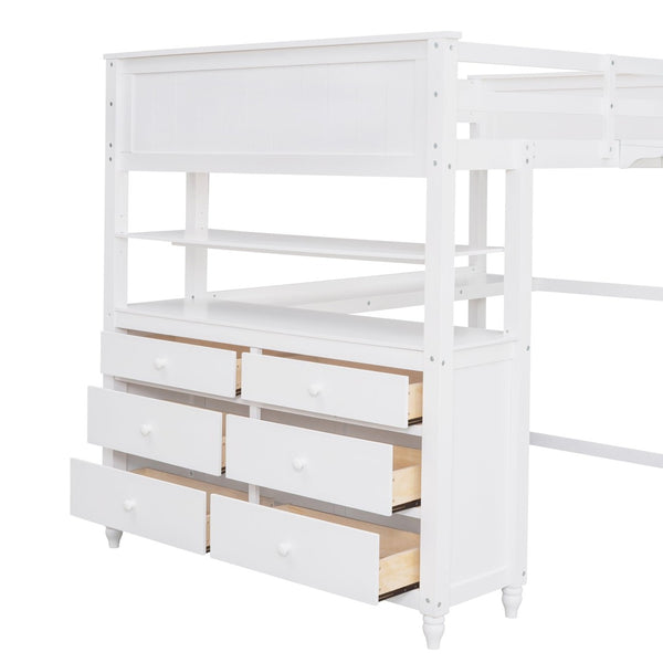 English Elm Full Size Pine Wood Loft Bed with Built-in Desk Shelves and Drawer Storage LT011529AAK