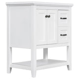 English Elm 30" Bathroom Vanity With Ceramic Sink Top, Vanity Cabinet With Multi-Functional Drawer, Solid Wood Legs, White