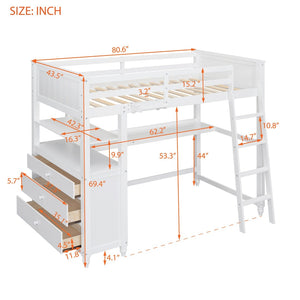 English Elm Twin Pine Wood Loft Bed with Built-in Desk Drawers and Shelf for Kids Rooms LT001530AAK-1