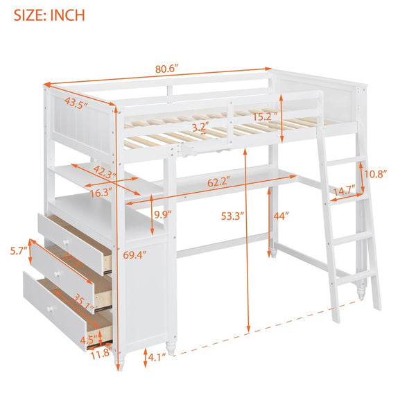 English Elm Twin Pine Wood Loft Bed with Built-in Desk Drawers and Shelf for Kids Rooms LT001530AAK-1