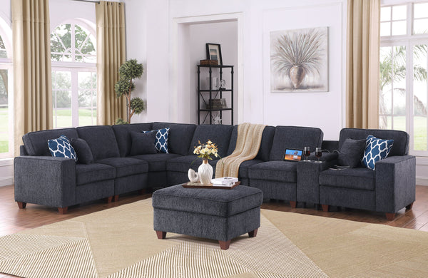 English Elm Lily Chenille Sectional Sofa with Ottoman, Black | USB Cupholder Console, Removable Cushions, Modular B102S00033