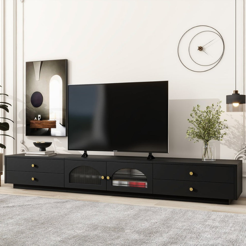English Elm On-trend Fluted Glass Media Console Low Profile Matte Finish Living Room Tv Stand Black WF311903AAB