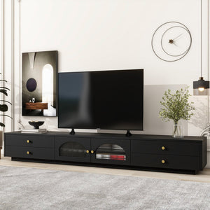 English Elm On-trend Fluted Glass Media Console Low Profile Matte Finish Living Room Tv Stand Black WF311903AAB
