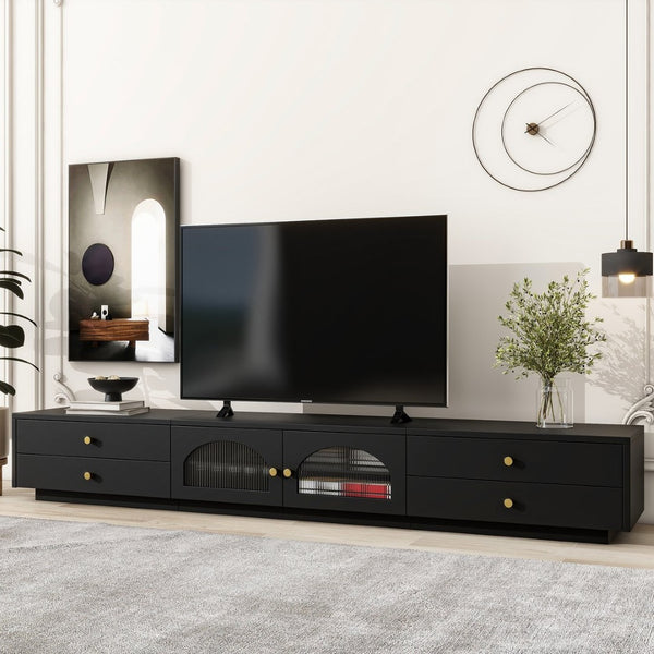 English Elm On-trend Fluted Glass Media Console Low Profile Matte Finish Living Room Tv Stand Black WF311903AAB