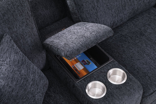 English Elm Gina Chenille Sectional Sofa with Ottoman — Black, USB Cupholder Console, Removable Cushions, Modular Comfort B102S00031