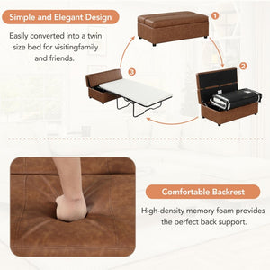 English Elm Twin Folding Ottoman Guest Sleeper Pu Leather Convertible Bed for Studio Apartments Brown WF307724AAD
