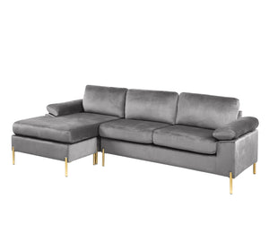 English Elm Shannon Plush Velvet Sectional Sofa with Chaise — L-Shaped Modern Design, Removable Cushions, Foam Support Gray B102S00011