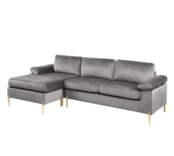 English Elm Shannon Plush Velvet Sectional Sofa with Chaise — L-Shaped Modern Design, Removable Cushions, Foam Support Gray B102S00011