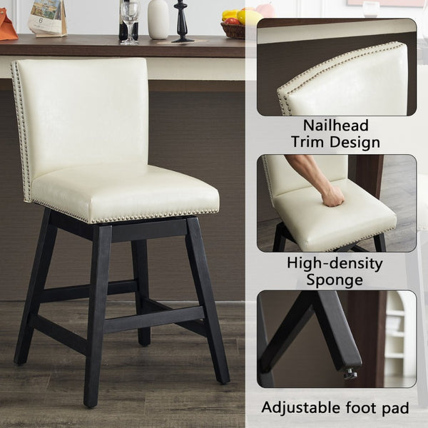 English Elm Upholstered Swivel Barstools Set of 2 Pu Leather High Back with Nailhead Wood Frame W1893123706