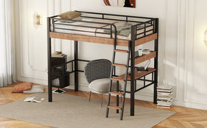 English Elm Metal Twin Loft Bed with Built-In Desk, Storage Shelf & Ladder — Industrial Space-Saving Design, Sturdy GX001119AAB