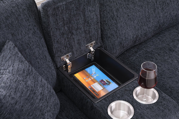 English Elm Gina Chenille Sectional Sofa with Ottoman — Black, USB Cupholder Console, Removable Cushions, Modular Comfort B102S00031