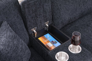 English Elm Lily Chenille Sectional Sofa with Ottoman, Black | USB Cupholder Console, Removable Cushions, Modular B102S00033