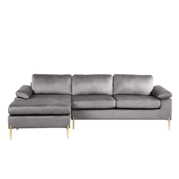 English Elm Shannon Plush Velvet Sectional Sofa with Chaise — L-Shaped Modern Design, Removable Cushions, Foam Support Gray B102S00011