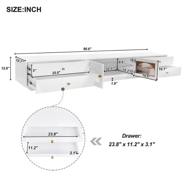 English Elm On-trend Fluted Glass Media Console Low Profile Matte Finish Living Room Tv Stand White WF311903AAK