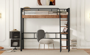 English Elm Metal Twin Loft Bed with Built-In Desk, Storage Shelf & Ladder — Industrial Space-Saving Design, Sturdy GX001119AAB