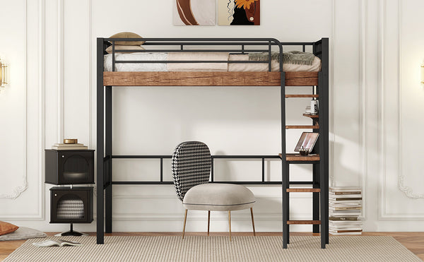 English Elm Metal Twin Loft Bed with Built-In Desk, Storage Shelf & Ladder — Industrial Space-Saving Design, Sturdy GX001119AAB