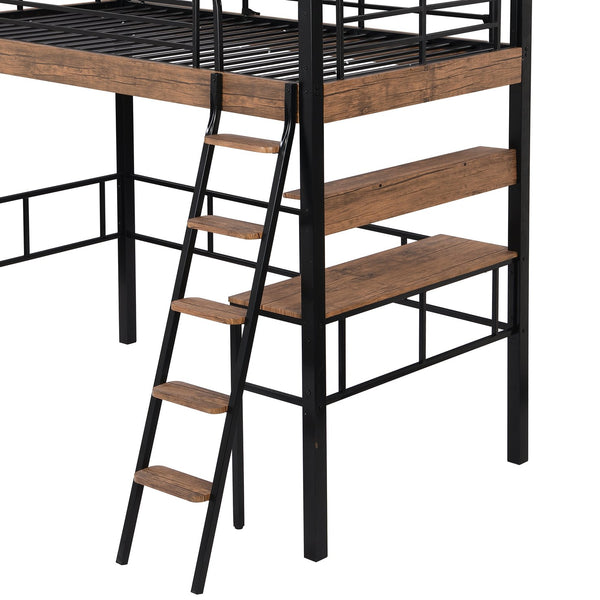 English Elm Metal Twin Loft Bed with Built-In Desk, Storage Shelf & Ladder — Industrial Space-Saving Design, Sturdy GX001119AAB