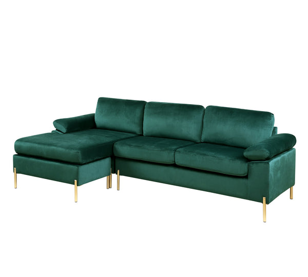 English Elm Shannon Plush Velvet Sectional Sofa with Chaise — L-Shaped Modern Design, Removable Cushions, Foam Support Green B102S00013