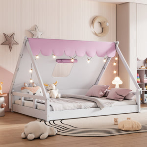 Hearth and Haven Wooden Full Size Tent Bed with Fabric For Kids, Platform Bed with Fence and Roof, White+Pink WF308364AAH