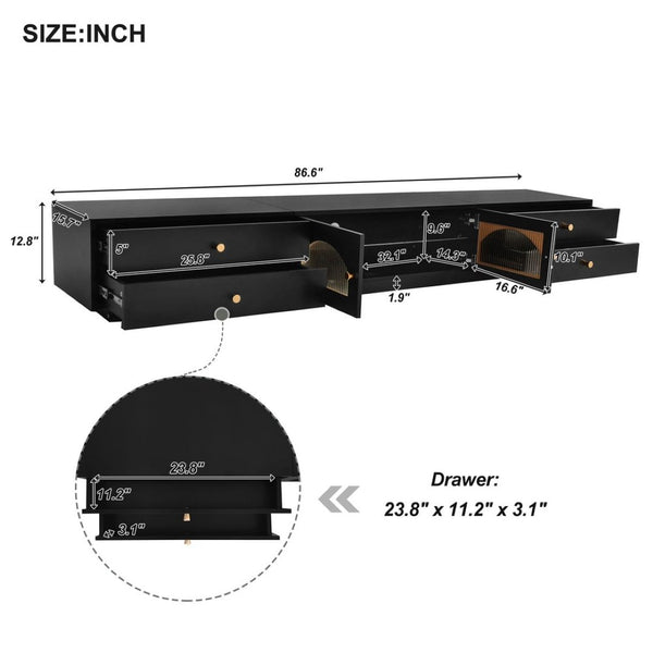English Elm On-trend Fluted Glass Media Console Low Profile Matte Finish Living Room Tv Stand Black WF311903AAB