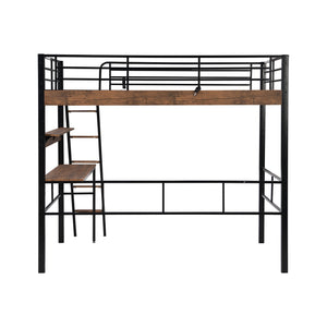 English Elm Metal Full Size Loft Bed with LED Light, Built-In Full-Length Desk, Storage Shelf & Ladder — Space-Saving Industrial Black, Sturdy Metal Frame for Study & Sleep GX001120AAB