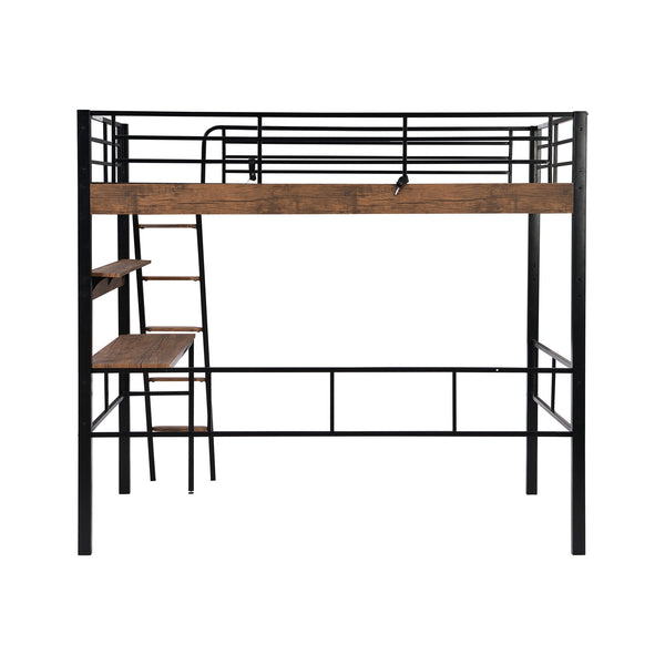 English Elm Metal Full Size Loft Bed with LED Light, Built-In Full-Length Desk, Storage Shelf & Ladder — Space-Saving Industrial Black, Sturdy Metal Frame for Study & Sleep GX001120AAB
